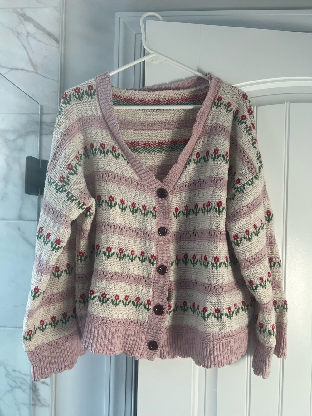Pink Floral Stripe V-Neck Button Cardigan Sweater
